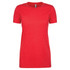 A red women's crew neck t-shirt featuring short sleeves and a simple design, with a branding logo.
