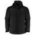 A black unisex softshell jacket featuring a hood, zip pockets, and a logo on the chest.