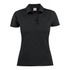 A black women's cotton polo shirt featuring a collared neckline and three buttons, with a logo on the label.