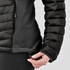A black women's thermal jacket with a zippered pocket, featuring a close-up of the fabric and adjustable hem.