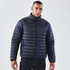 A navy puffer jacket features a high collar and zippered front, worn by a model against a plain background.