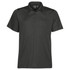 A men's polo shirt in black with a collar, short sleeves, and a branded logo on the chest.