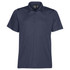 A navy polo shirt with a classic collar and three buttons, featuring a logo on the chest area.
