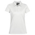 A white women's polo shirt with a classic collar and a logo on the chest.