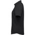 A black women's button-up shirt with a collar and short sleeves. It features a logo on the design.