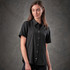 A black women's button-up shirt featuring short sleeves and a logo. Designed for quick drying.