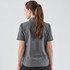 A women's quick dry button-up shirt in grey, featuring short sleeves and a collar. The shirt has a logo on it.