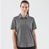 A button-up women's shirt in grey with short sleeves and a collar, featuring a logo.