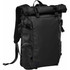 A black roll-top backpack with adjustable straps, featuring side pockets and a sleek design. It has a logo.