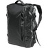 A black backpack with multiple compartments and straps, featuring a logo on the front.