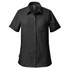 A black short-sleeve button-up shirt with a chest pocket and subtle speckled pattern. Includes a logo.