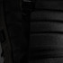 A black backpack featuring textured fabric and adjustable straps, with a logo on the side.