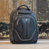 A black backpack with blue accents and a logo, featuring multiple compartments and zippers.