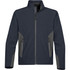 Men's softshell jacket in dark navy with contrasting grey panels, featuring zippered pockets and a high collar.