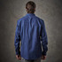 A men's long-sleeve button-up shirt in a dark blue shade, featuring a back view and a simple design.