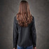 A women's long-sleeve button-up shirt in dark grey, featuring a relaxed fit and a back view with flowing hair.