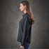 A women's long-sleeve button-up shirt in black, displayed from the side with a subtle texture and a logo.