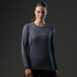 A long-sleeved women's tee in dark grey, featuring a fitted design and a subtle logo.