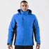 A men's 3-in-1 jacket in bright blue with black accents and a hood, featuring a logo on the sleeve.