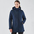 A navy blue women's jacket featuring a hood and adjustable elements, with a logo on the sleeve.