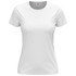 A white women's classic t-shirt with short sleeves and a round neckline, featuring a logo.