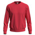 A red men's sweatshirt with long sleeves and a ribbed hem, featuring a logo on the label.
