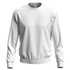 A white men's sweatshirt featuring long sleeves and a round neckline, with a waistband and cuffs.