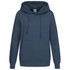 A women's hooded sweatshirt in a dark blue colour, featuring a front pocket and drawstrings at the hood.