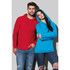 A red and a blue unisex hooded sweatshirt worn by a man and a woman, paired with denim jeans. The sweatshirts have hoods and a logo.