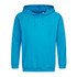 A turquoise unisex hooded sweatshirt featuring a drawstring hood and ribbed cuffs. It has a logo on the front.