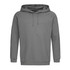 A unisex hooded sweatshirt in a grey colour with a kangaroo pocket and simple design featuring a logo.