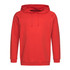 A red unisex hooded sweatshirt with a front pocket and drawstring hood, featuring long sleeves and ribbed cuffs.