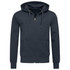 A men's active sweatjacket in dark grey with a zip front and hood, featuring a logo on the chest.