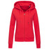 A red women's active sweatjacket with a zip front and a hood, featuring pockets and a logo.