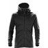 A black men's hoodie with a zip front, hood, and pockets, featuring a branding logo.