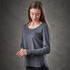 A long-sleeve grey women's T-shirt with an elegant scoop neckline and a subtle logo.