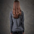 A long-sleeved grey women's tee viewed from the back, featuring a simple design and a logo.