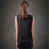 A sleeveless black tank top displayed from the back, featuring a simple design and a fitted silhouette.