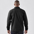 A black men's rain jacket featuring a collar and elasticated cuffs, displaying the back view. Logo present.