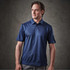 A navy blue polo shirt with a subtle striped pattern and a collar, featuring a logo on the chest.
