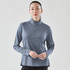 A women's blue 1/4 zip pullover jumper with long sleeves, featuring a subtle texture and a branding logo.