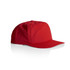 A red cap featuring a structured design and a curved brim, with a logo on the front.