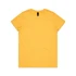 A yellow t-shirt with a round neckline and short sleeves. It features a logo at the neck.