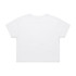 A white crop tee with a simple design and short sleeves, featuring a logo on the back.