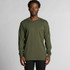 A long-sleeve T-shirt in olive green, featuring a logo, worn by a model against a neutral background.