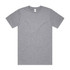 A grey t-shirt with short sleeves and a round neck, featuring a logo on the label.