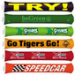 A collection of inflatable bang bang sticks in various colors including green, orange, and red, each featuring different logos and text.