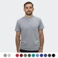 A grey men's polo shirt with a collar, displayed by a model. Includes a logo on the shirt. Available in multiple colours.