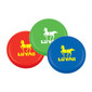 A set of three flying discs in red, green, and blue, each featuring a logo with a horse design.