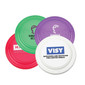 A set of four flying discs in red, green, purple, and white, featuring various logos.